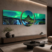 Green Aurora Mountain Night 3 Piece Glass Wall Art