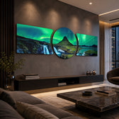 Green northern lights swirling over a peaked mountain, waterfall and calm fjord at night. 3 piece glass wall art set B