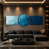 Abstract flowing water in shades of blue, from pale aqua foam to deep navy depths. 3 piece glass wall art set B