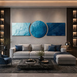 Abstract flowing water in shades of blue, from pale aqua foam to deep navy depths. 3 piece glass wall art set C