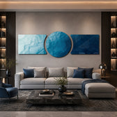 Abstract flowing water in shades of blue, from pale aqua foam to deep navy depths. 3 piece glass wall art set C