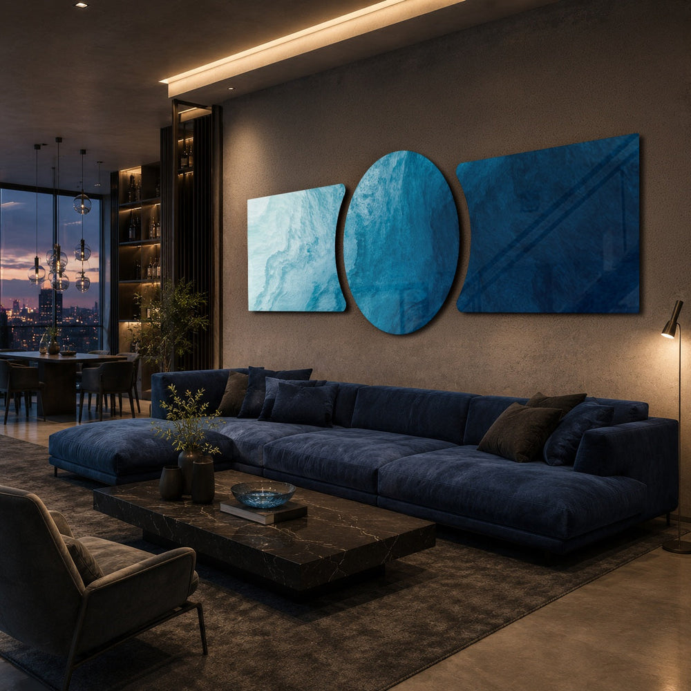 Abstract flowing water in shades of blue, from pale aqua foam to deep navy depths. 3 piece glass wall art set D