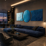 Abstract flowing water in shades of blue, from pale aqua foam to deep navy depths. 3 piece glass wall art set D