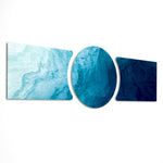 Abstract flowing water in shades of blue, from pale aqua foam to deep navy depths. 3 piece glass wall art set E
