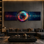 A fiery glowing planet with blue oceans wrapped in orange energy currents, floating in a starfield of deep space 3 piece glass wall art set B