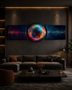 A fiery glowing planet with blue oceans wrapped in orange energy currents, floating in a starfield of deep space 3 piece glass wall art set C