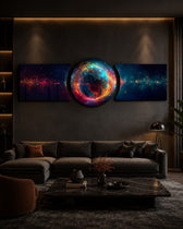 A fiery glowing planet with blue oceans wrapped in orange energy currents, floating in a starfield of deep space 3 piece glass wall art set C