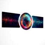 A fiery glowing planet with blue oceans wrapped in orange energy currents, floating in a starfield of deep space 3 piece glass wall art set E