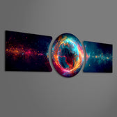 A fiery glowing planet with blue oceans wrapped in orange energy currents, floating in a starfield of deep space 3 piece glass wall art set F