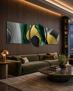 Emerald Gold Brushstroke Swirls 3 Piece Glass Wall Art