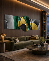 Emerald Gold Brushstroke Swirls 3 Piece Glass Wall Art