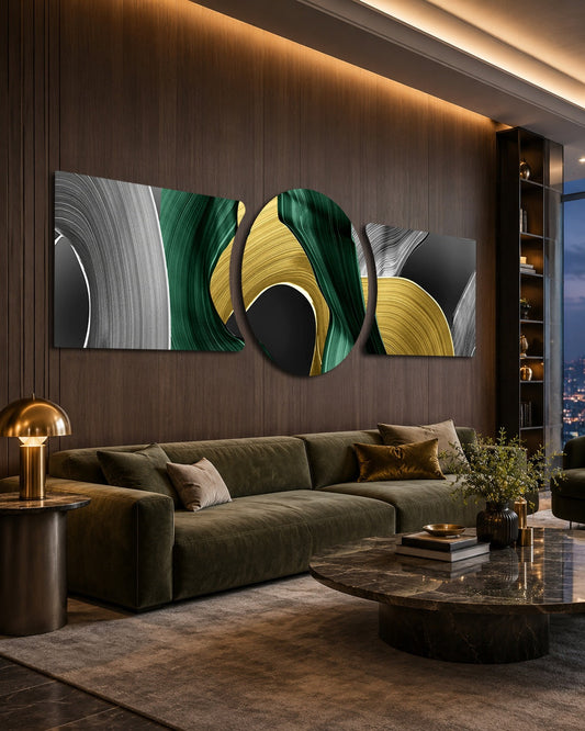 Emerald Gold Brushstroke Swirls 3 Piece Glass Wall Art