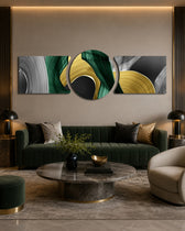 Sweeping abstract brushstrokes of emerald green, metallic gold, silver and black curling into fluid loops across a panoramic field 3 piece glass wall art set B
