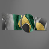 Sweeping abstract brushstrokes of emerald green, metallic gold, silver and black curling into fluid loops across a panoramic field 3 piece glass wall art set F