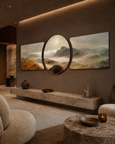 Misty Golden Mountain Valley 3 Piece Glass Wall Art