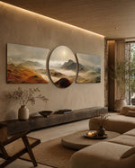 A vast dawn landscape of golden-brown mountain ridges wrapped in low fog, with a soft sun glowing through the haze 3 piece glass wall art set B