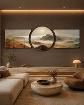 A vast dawn landscape of golden-brown mountain ridges wrapped in low fog, with a soft sun glowing through the haze 3 piece glass wall art set C