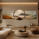 A vast dawn landscape of golden-brown mountain ridges wrapped in low fog, with a soft sun glowing through the haze 3 piece glass wall art set D