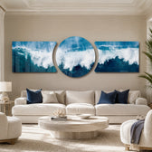 A powerful ocean wave breaking into white foam and spray across deep blue and teal water under a soft sky 3 piece glass wall art set B