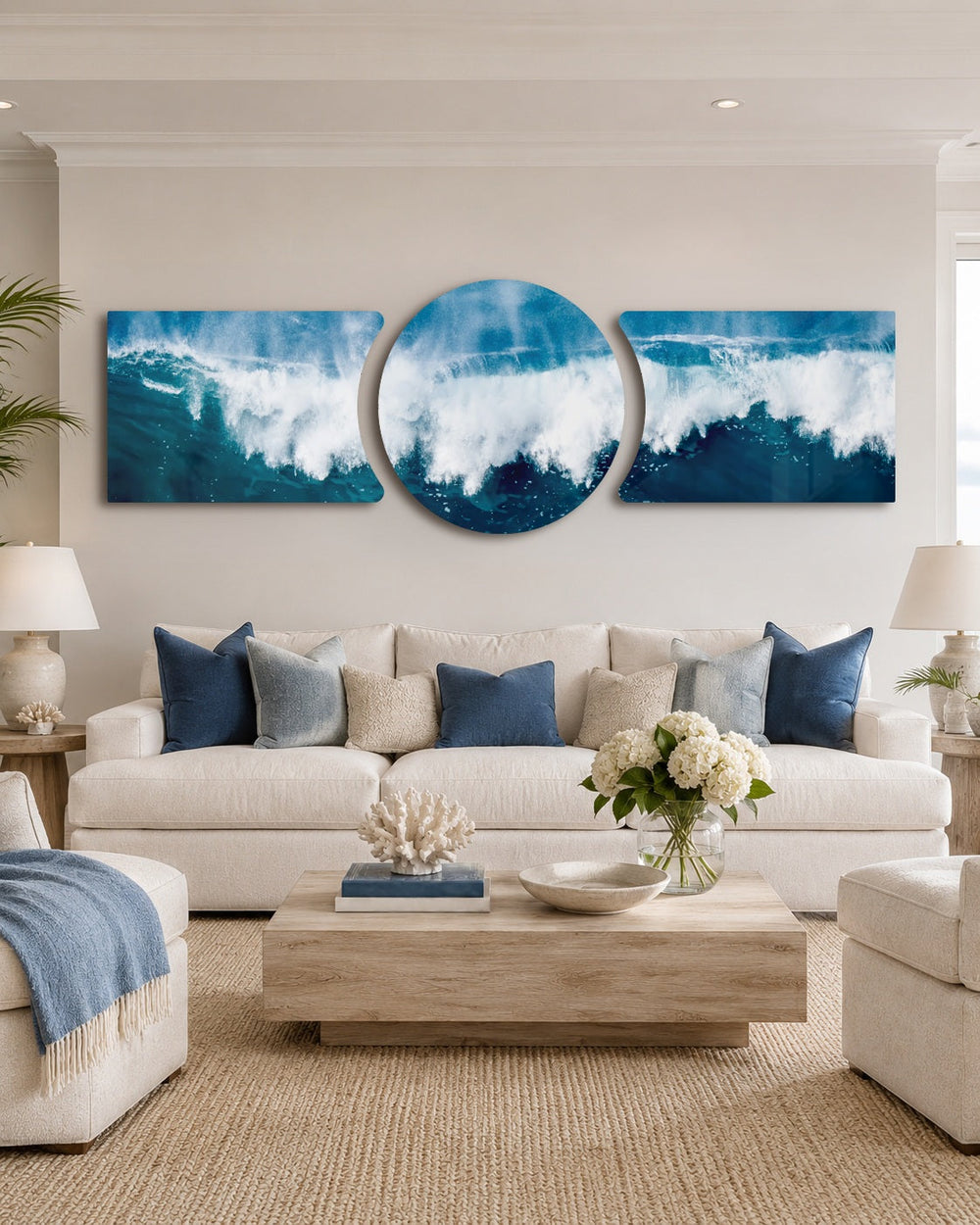 A powerful ocean wave breaking into white foam and spray across deep blue and teal water under a soft sky 3 piece glass wall art set D