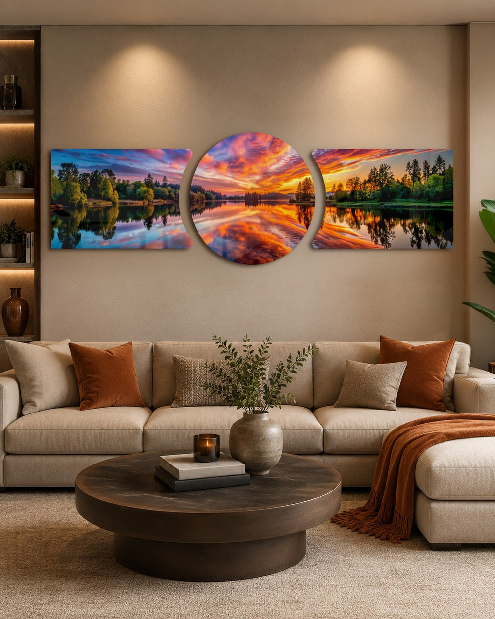 Fiery Sunset Lake Mirror Reflection 3 Piece Glass Wall Art