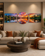Fiery Sunset Lake Mirror Reflection 3 Piece Glass Wall Art
