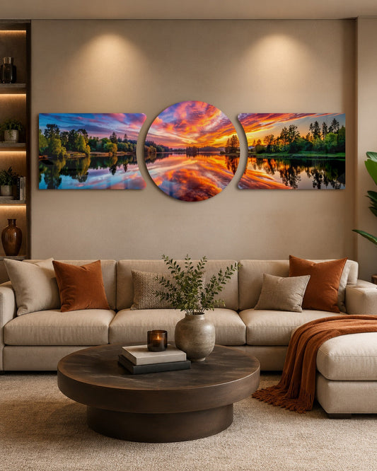 Fiery Sunset Lake Mirror Reflection 3 Piece Glass Wall Art