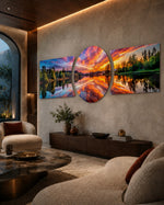 A blazing orange and pink sunset sky mirrored on a calm forest lake, framed by lush green trees. 3 piece glass wall art set B