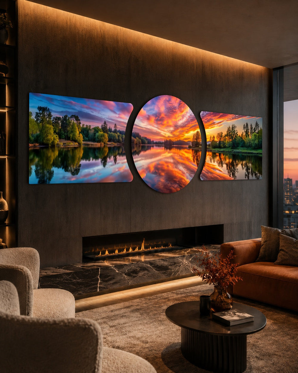 A blazing orange and pink sunset sky mirrored on a calm forest lake, framed by lush green trees. 3 piece glass wall art set C