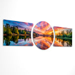 A blazing orange and pink sunset sky mirrored on a calm forest lake, framed by lush green trees. 3 piece glass wall art set D