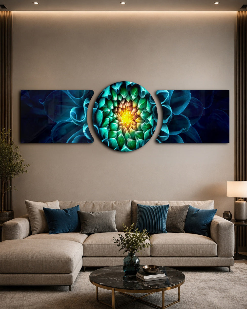A macro close-up of a dahlia flower with teal-blue petals spiraling toward a radiant green and gold glowing center. 3 piece glass wall art set B