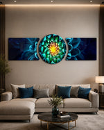 A macro close-up of a dahlia flower with teal-blue petals spiraling toward a radiant green and gold glowing center. 3 piece glass wall art set B