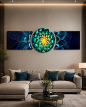 A macro close-up of a dahlia flower with teal-blue petals spiraling toward a radiant green and gold glowing center. 3 piece glass wall art set B