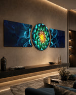 A macro close-up of a dahlia flower with teal-blue petals spiraling toward a radiant green and gold glowing center. 3 piece glass wall art set C