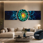 A macro close-up of a dahlia flower with teal-blue petals spiraling toward a radiant green and gold glowing center. 3 piece glass wall art set D