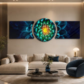 A macro close-up of a dahlia flower with teal-blue petals spiraling toward a radiant green and gold glowing center. 3 piece glass wall art set D