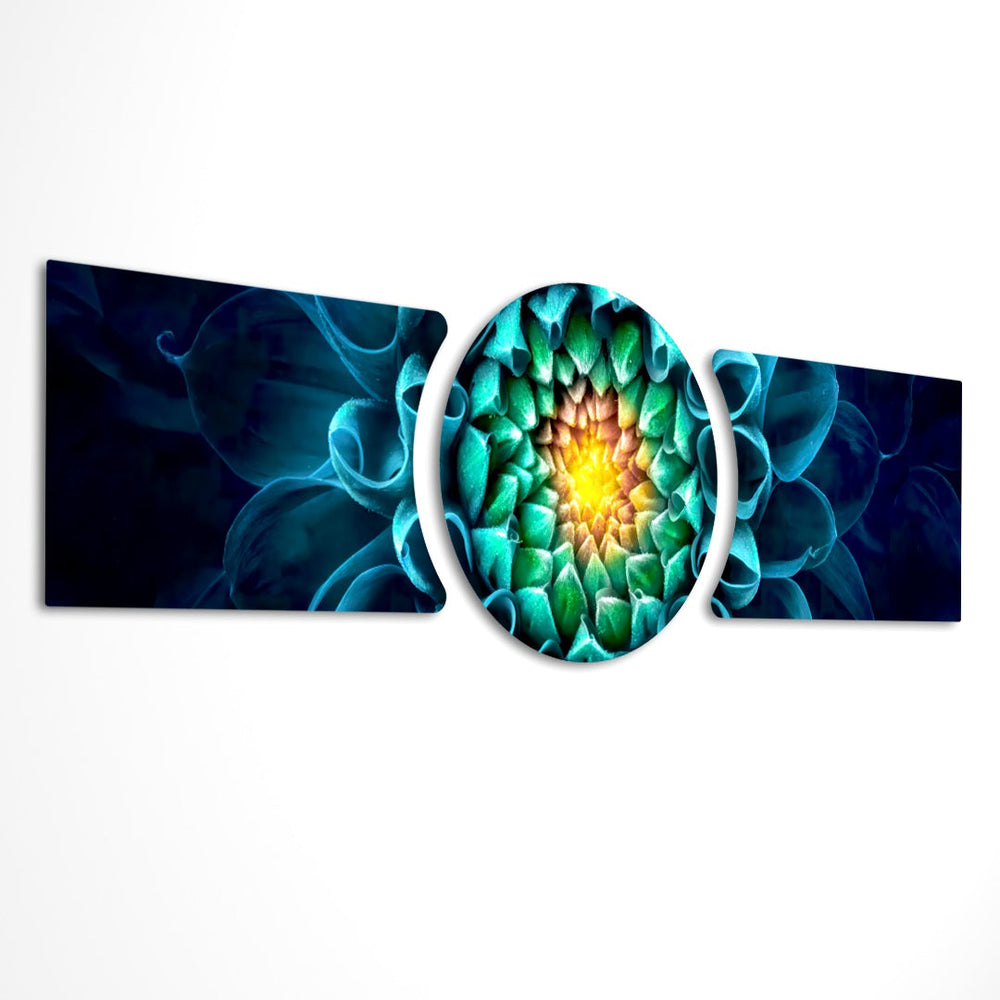 A macro close-up of a dahlia flower with teal-blue petals spiraling toward a radiant green and gold glowing center. 3 piece glass wall art set E