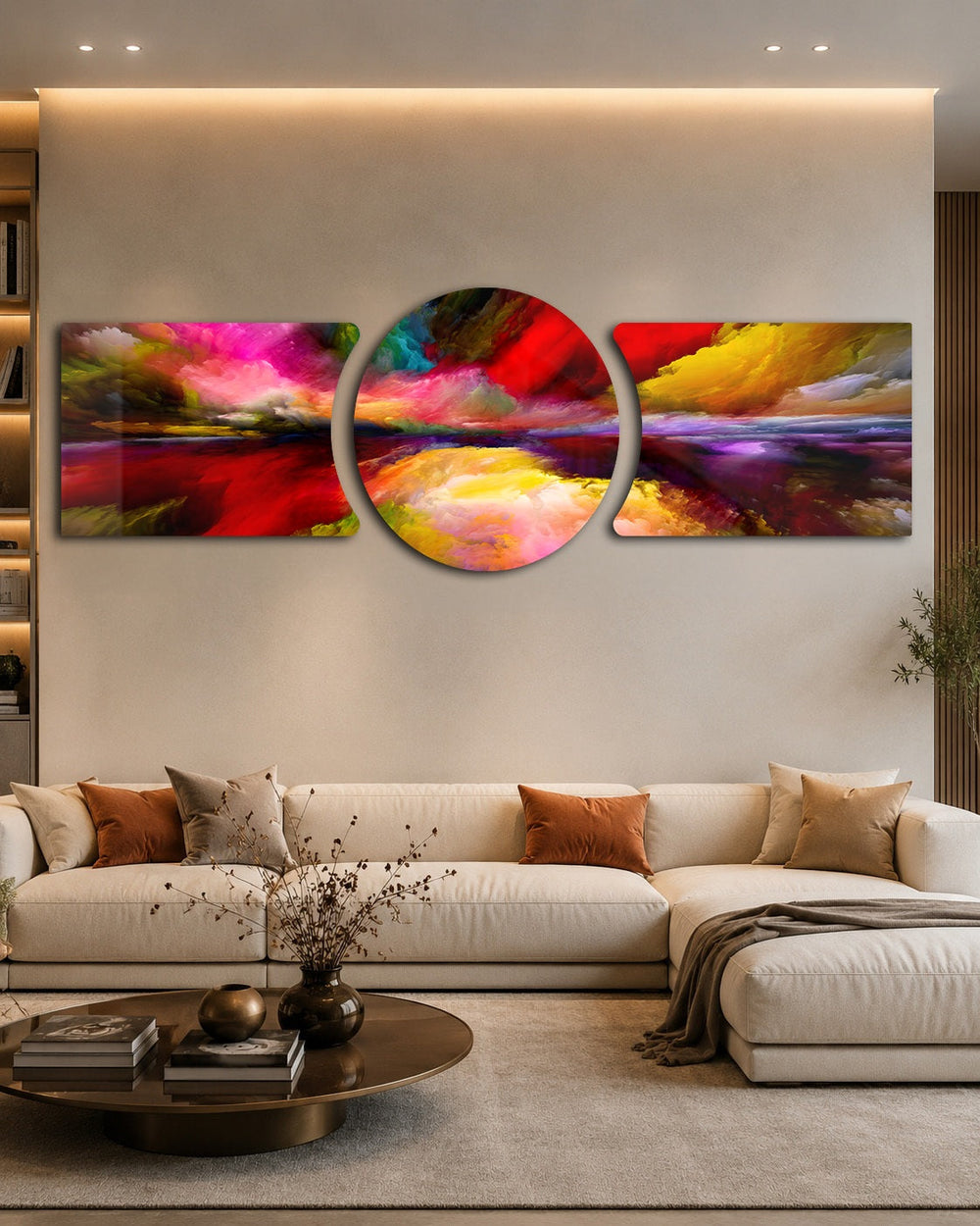 An abstract painterly skyscape of vivid red, pink, yellow and purple clouds sweeping over a glowing horizon and its reflection. 3 piece glass wall art set C