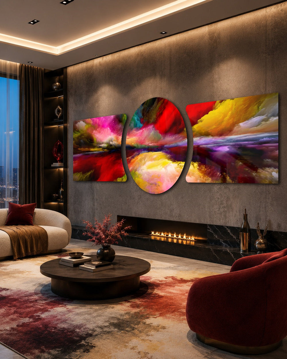 An abstract painterly skyscape of vivid red, pink, yellow and purple clouds sweeping over a glowing horizon and its reflection. 3 piece glass wall art set D