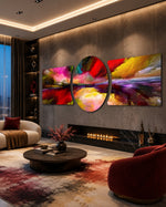 An abstract painterly skyscape of vivid red, pink, yellow and purple clouds sweeping over a glowing horizon and its reflection. 3 piece glass wall art set D