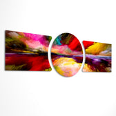 An abstract painterly skyscape of vivid red, pink, yellow and purple clouds sweeping over a glowing horizon and its reflection. 3 piece glass wall art set E