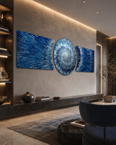 Blue Silver Exploding Starburst Shards 3 Piece Glass Wall Art