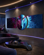 A cosmic wolf face split between deep blue and fiery red, staring out from a starry nebula. 3 piece glass wall art set B