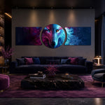A cosmic wolf face split between deep blue and fiery red, staring out from a starry nebula. 3 piece glass wall art set C