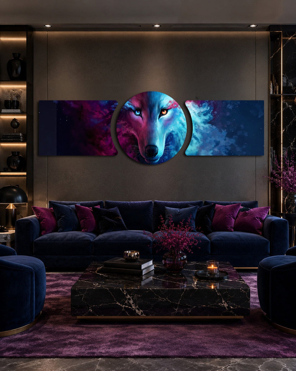 A cosmic wolf face split between deep blue and fiery red, staring out from a starry nebula. 3 piece glass wall art set D