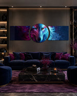 A cosmic wolf face split between deep blue and fiery red, staring out from a starry nebula. 3 piece glass wall art set D