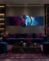 A cosmic wolf face split between deep blue and fiery red, staring out from a starry nebula. 3 piece glass wall art set D
