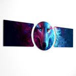 A cosmic wolf face split between deep blue and fiery red, staring out from a starry nebula. 3 piece glass wall art set E