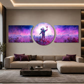 An astronaut standing in a glowing field of alien flowers, reaching out toward a single butterfly under a pink and purple sky. 3 piece glass wall art set B