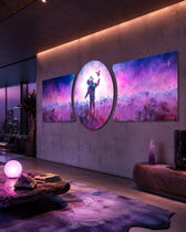 An astronaut standing in a glowing field of alien flowers, reaching out toward a single butterfly under a pink and purple sky. 3 piece glass wall art set C